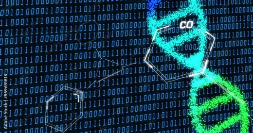 Chemical structure and binary code, data processing animation
