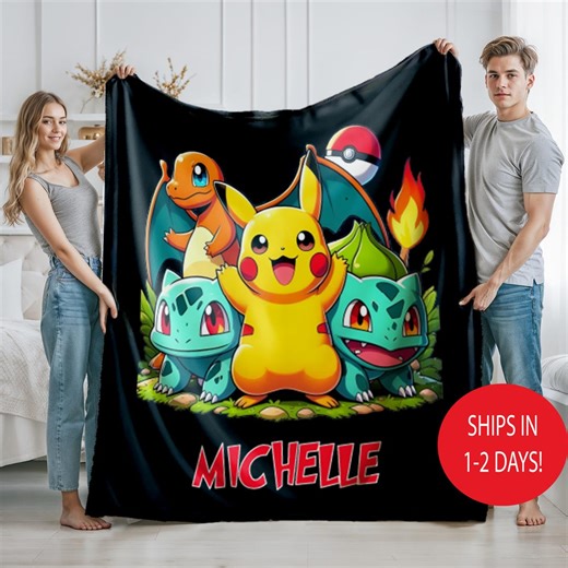 Personalized Pokemon Blanket With Name, Custom Pokemon Baby, Kids Birthday Gift Throw, Colorful Cartoon Bedding Decor, Cozy Soft Anime - Etsy