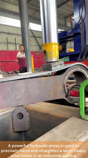 The process of straightening a large steel beam with a hydraulic press