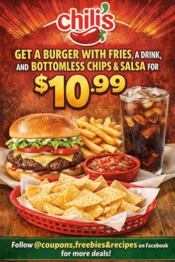 💥 Like, follow & share for more deals! 👉 Chili’s has a deal for $10.99. You get a hamburgers 🍔, fries🍟, drink 🥤 & bottomless chips & salsa! #chilis #fooddeals #deals #eatingout | Coupons, Freebies & Recipes