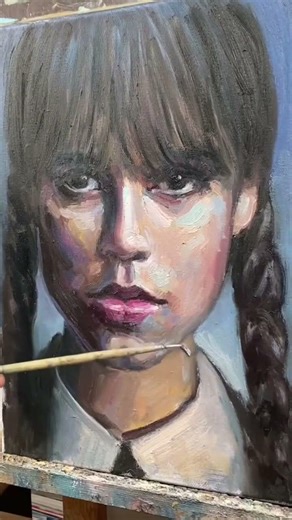 Oil Portrait with Bristle Brushes & Acrylic Drips – Wednesday