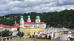 4K footage of Passau, Germany, from the South, with St. Stephens's Cathedral in the middle. Passau is also known as the "City of Three Rivers," because the Danube is joined here by the Inn and the Ilz