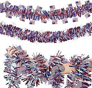 33FT 2 Pieces 4th of July Patriotic Tinsel Garland, Red White and Blue Star Hanging Garland American Flag Garland for Independence Day Memorial Day Veterans Day Party Decoration