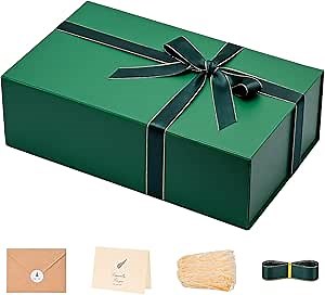 LIFELUM Green Gift Box for Presents 1 Pack 13.85 x 8.35 x 4.45 inch Big Decorative Large Gift Box for Clothes with Magnetic Lids Luxury Accessories Card, Ribbon, Filler,Sticker