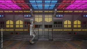 astronaut moves along sci-fi technological tunnel side view. 3d render looped animation