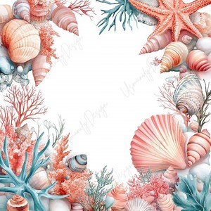 18 Watercolor Seashell Frame Art, Coastal Ocean Border Clipart, Beach Floral Shell, Scrapbook, Junk Journal, Paper Craft, High Quality PNG - Etsy