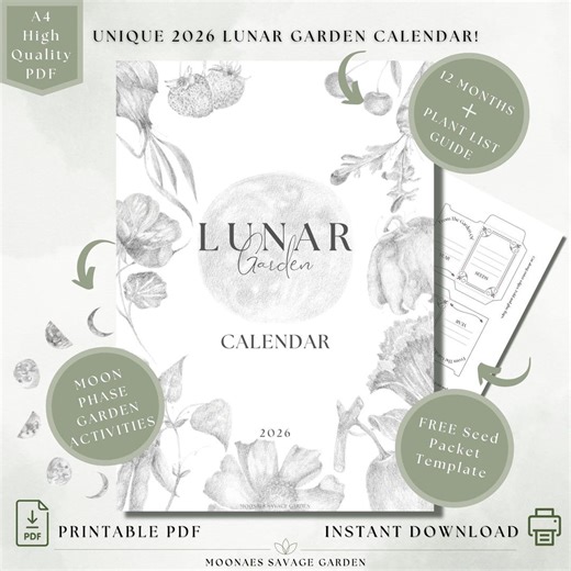 Calendrier du jardin lunaire 2026, heure de l'Est des États-Unis | Guide de plantation des phases de la lune dessiné à la main (téléchargement numérique) - Etsy France