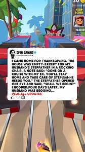 75K views · 913 reactions | I CAME HOME FOR THANKSGIVING. THE HOUSE WAS EMPTY-EXCEPT FOR MY HUSBAND'S STEPFATHER IN A ROCKING CHAIR. A NOTE SAID: "GONE ON A CRUISE WITH MY EX. YOU'LL STAY HOME AND TAKE CARE OF STEPdad-HE NEEDS YOU." THE STEPFATHER OPENED ONE EYE AND SAID, "SHALL WE BEGIN?" I NODDED.FOUR DAYS LATER, MY HUSBAND WAS BEGGING... #redditfb #fyp #storytime #stories #storytimepost #redditreadings #storytelling | Open Gaming | Facebook