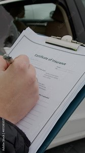 Person signs contract compensation next car broken window restore damage vertical video. Justice after incident signing contract man initiate restoration process demonstrating readiness take action.