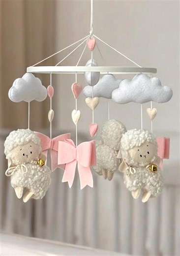 Baby Crib Mobile With Lambs | Handmade Sheep Nursery Mobile | Pink Baby Mobile | Baby Girl Room Decor - Etsy