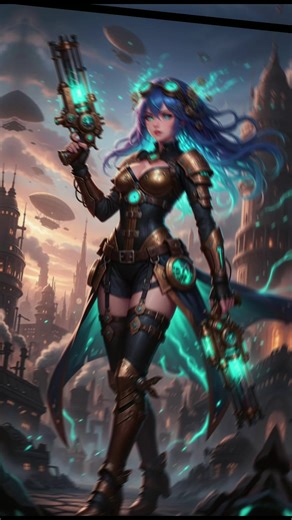 #3d #animetiktok #steampunk #wallpaper Purple haired steampunk woman with some cool gadgets