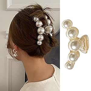 Large Pearl Hair Claw Clips for Strong Hold - Nonslip Champagne Color Hair Jaw Clips for Thick/Thin Hair, Daily Fashion, Birthdays, Weddings - Women's Hair Clip Accessories