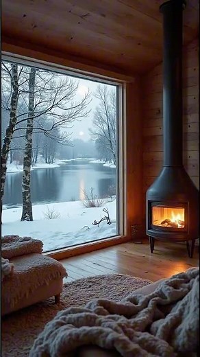 Arctic Lake Cabin with Fireplace & Snow View ❄️🔥 | Cozy Winter Ambience