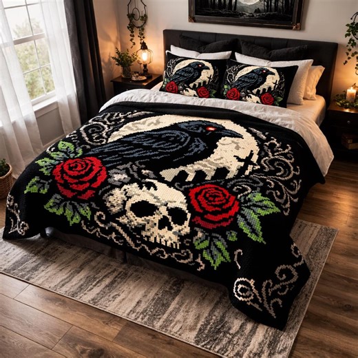 Gothic Raven Crochet Pattern – C2C Blanket Pattern – Skull, Roses & Moon – 120x120 Squares – Digital Download