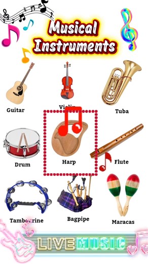 🧠Learn Today “Musical Instruments” 1. Guitar – A string instrument played by strumming or plucking. 2. Violin – A small string instrument played with a bow. 3. Tuba – A large brass instrument that produces deep sounds. 4. Drum – A percussion instrument played by hitting it. 5. Harp – A large string instrument played by plucking the strings. 6. Flute – A wind instrument played by blowing across a hole. 7. Tambourine – A small drum with metal jingles, shaken or tapped. 8. Bagpipe – A wind instrum