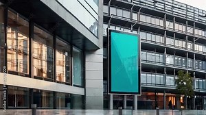 empty billboard on a modern building facade, outdoor advertisement concept against a big glass show behind created with generative ai