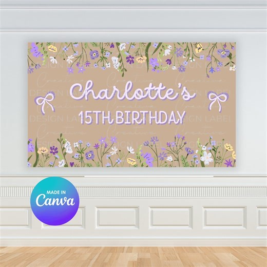 Purple Floral Birthday Banner Template | DIY Canva Sign (digital Download) - Etsy