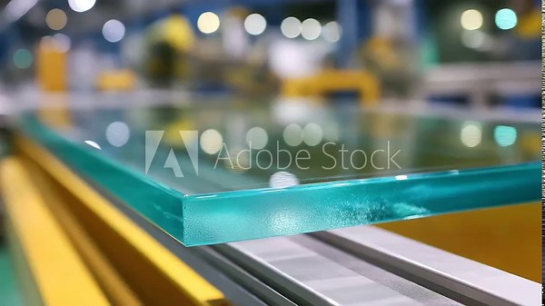 A float glass production line creates perfectly flat glass sheets for architectural use. The ribbon of molten glass is shown floating on a molten tin bath, a key process in modern