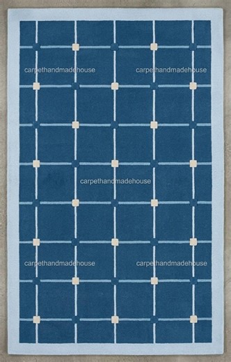 Hand Tufted Wool Rug, Blue Grid Pattern, Scandinavian Style Carpet - Etsy