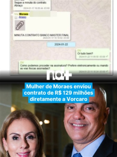 A advogada Viviane Barci de Moraes, esposa do ministro do STF, Alexandre de Moraes, enviou diretamente ao banqueiro Daniel Vorcaro, controlador do Banco Master, a minuta de um contrato de honorários que previa pagamentos de R$ 129 milhões ao seu escritório. Segundo informações, a conversa consta em mensagens de WhatsApp extraídas pela Polícia Federal do celular de Vorcaro, apreendido durante a Operação Compliance Zero. De acordo com o documento, o contrato previa que o escritório Barci de Moraes