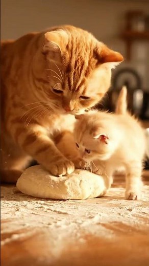 Adorable Mother Cat and Kitten Baking Bread Together Like Humans | Cute Cat Bakery Story