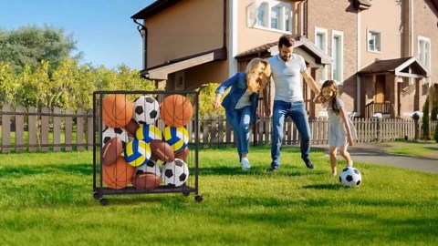 Ball Storage Bin Rolling Sports Ball Cart, Metal Garage Organizer Sport Rack, Ball Basket Storage, Ball Cage for Garage or Gym, Indoor & Outdoor Sports Equipment Organizer Black