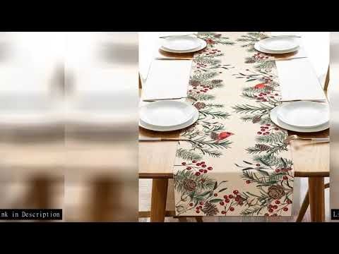 Christmas Pine Needle Branches Linen Table Runner Winter Cardinal Red Birds Farmhouse Kitchen Table