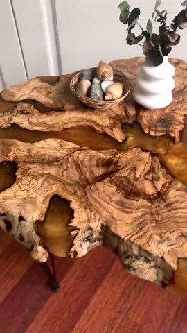 Handmade Olive Wood Side Table, Luxury Gold Epoxy Resin Inlay, Natural Log Accent Nightstand - Etsy