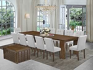 X12AS-0C8-08 14-Pc Mid Century Dining Set includes an Extendable Rectangle Kitchen Table, 1 Coffee Table and 12 Polyester Fabric Dining Chairs, 39x120 Inch, Antique Walnut