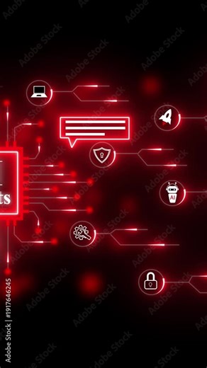 Abstract red technology background with glowing circuit lines and icons for chat, laptop, rocket, ai, shield, lock, and settings on dark gradient, cybersecurity and digital communication concept.