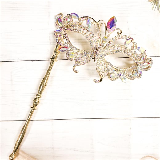 Crystal Masquerade Mask With Gold Stick: Venetian Prom Ball Mask - Etsy