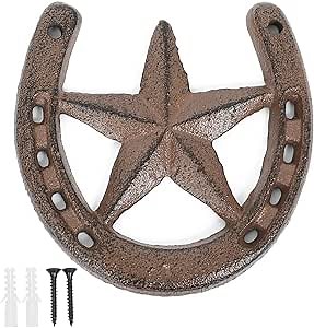 Parceria Cast Iron Horseshoe with Star Wall Decor, Vintage Metal Horseshoe Cast Iron Wall Art for Good Lucky, Stars Horse Shoes Decor for Wall Hung
