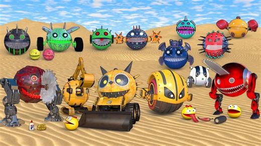Pacman vs evil robot Pacmen (road roller, CAT, excavator, shredder robots) – insane battles! #27 💥⚡🤖