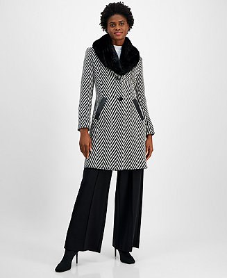 Via Spiga Women's Faux-Fur-Collar Chevron Coat - Macy's