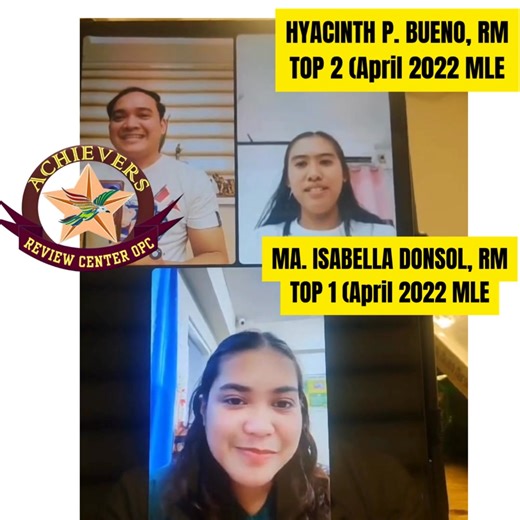 PERFECT TANDEM, "Kumadronas" to the TOP... Yes it is possible! 2 Midwifery TOPNOTCHERS on the same Season...Help us Prepare our new set of MIDWIFERY TOPNOTCHERS here in Achievers Review Center OPC MA. ISABELLA N. DONSOL, RM (TOP 1- April 2022 MLE) HYACINTH P. BUENO, RM (TOP 2- APril 2022 MLE) Their passion in teaching, their dedication towards quality education, their commanding power and driven by purpose, their hardwork, perseverance paid off, their humility brings them to the TOP, their love 