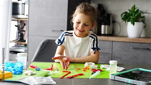 Child hand holding colorful crystals of different shapes at home science table. Crystal growing experiment results and hands on STEM discovery through practical learning.