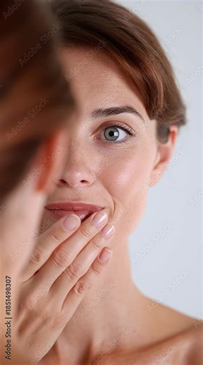 Self-Reflection: A woman gazes intently into a mirror, a look of contemplation etched on her face, the mirror reflecting her enigmatic expression.
