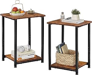 WLIVE End Tables Set of 2, 2-Tier Small Side Tables with Open Storage, Narrow Side Stands for Bedroom, Living Room, Couch, End Stands with Sturdy Metal Frame, Sturdy Easy Assembly, Brown