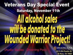 6K views · 36 reactions | Saturday - November 11 - VETERANS DAY Event! With Drowning Pool LIVE in concert! Free All Ages Event. Free All-You-Can-Eat for all 1st Responders and Veterans and their immediate families! Food served from 5pm - Midnight! All food & drink proceeds will go to the Wounded Warrior Project. Speaking Rock will match and donate to reach a minimum of $10,000!!! See you soon! | Speaking Rock Casino | Facebook