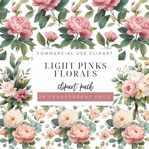 Light Pink Floral Seamless Clipart, Watercolor Botanical Pattern, Digital Download for Crafts and Invitations - Etsy