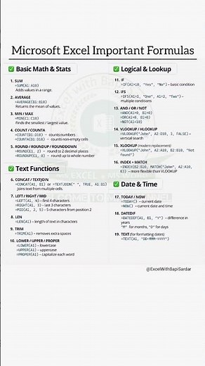 Master Microsoft Excel Important Formulas and make your work faster & smarter! #ExcelFormulas