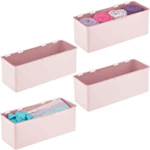 mDesign Plastic Stackable Household Storage Organizer Box with Lid - Organizer for Entryway, Closet, Kitchen, Bathroom, Garage Kid's Room, Craft Room, 4 Pack - Light Pink/Clear