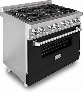 ZLINE 36 in. 4.6 cu. ft. Legacy Dual Fuel Range with 6 Burner Gas Cooktop and Electric Convection Oven in Stainless Steel and Black Matte Door (RA-BLM-36)