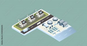 An animation of a seawater desalination plant in 4K against light green background