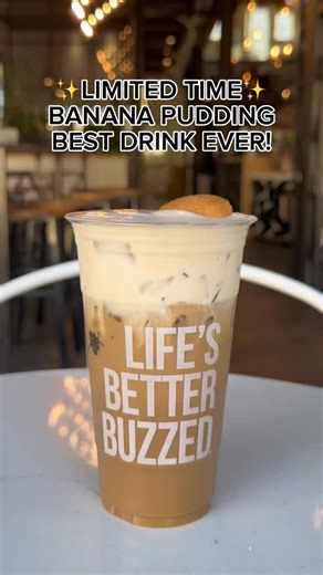 Going bananas is the only option!!🍌💛 Our Banana Pudding Best Drink Ever is officially here! The classic Best Drink Ever topped with banana pudding cold cream and a vanilla wafer cookie. 🤌🏽 | Better Buzz Coffee
