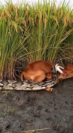 The Grip of Nature: Python Constricting a Calf 🌾🐍