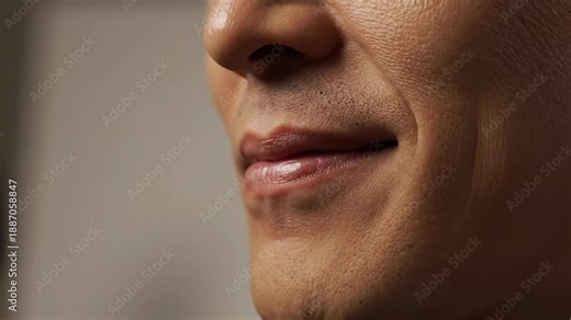 Asymmetrical smile forming. A cinematic close-up of a mouth where a faint smirk gradually appears on one side, suggesting quiet confidence.