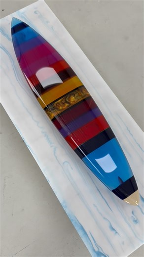 Yoshiro Takeda on Instagram: "Commission work in progress for @wsl such a great experience and appreciated offer! Longest part was over a week of pouring tinted resins because they are tend to heating up so easily once certain amount of volume of resin in pot and it will eventually crack! though I had to be very careful to stack up the resins all together…(maybe need bit of cooling system for next time) and those colour combinations are representing “sunset of Goldie” It’s harder to hand shape b