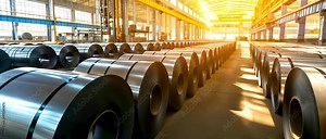 Steel Production & Industrial Strength. Rows of Steel Coils in a Vast Factory Warehouse: A Showcase of Industrial Strength, Manufacturing, and Production.