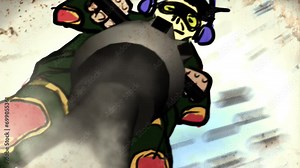 Construction worker operating a drill or jackhammer. Low angle view. 2D and 3D animation mix